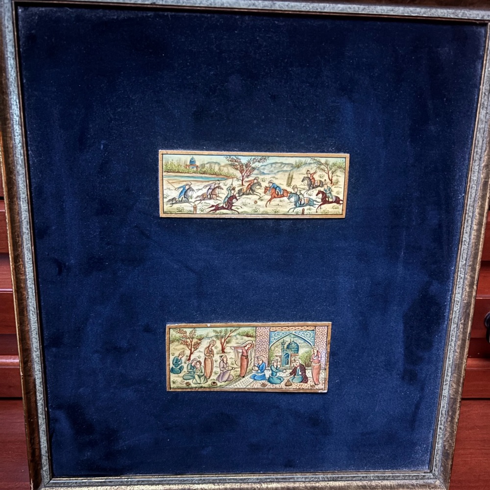 Persian Camel Bone Handmade Miniature Paintings, Framed Art, 2 Scenes.VTG